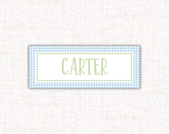 Blue Gingham Name Labels: Water-Resistant Vinyl Stickers for Kids