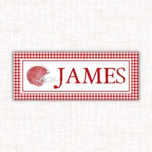 Red Gingham Football Name Label | Water-Resistant Vinyl Sticker for Kids, Baby Bottles, School Supplies, Daycare | 1&quot; x 2.625&quot; Vinyl Label
