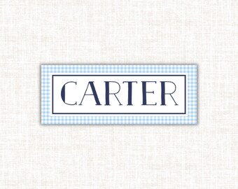 Blue Gingham Name Labels: Water-Resistant Vinyl Stickers for Kids
