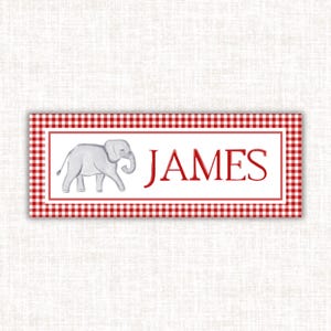 Red Gingham Elephant Name Label | Water-Resistant Vinyl Sticker for Kids, Baby Bottles, School Supplies, Daycare | 1&quot; x 2.625&quot; Vinyl Label