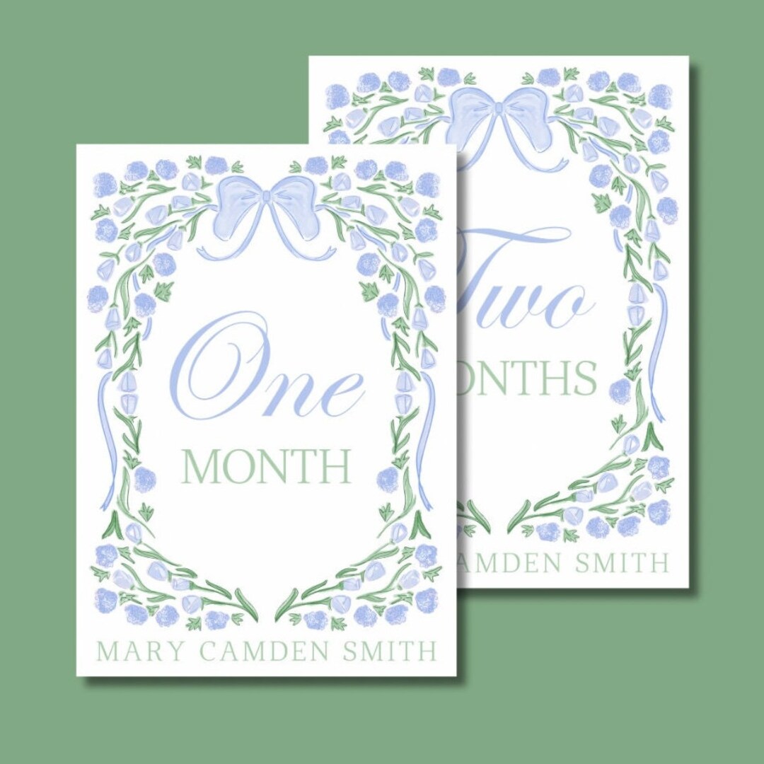 Blue & Green Watercolor Floral Custom Baby Milestone Cards - Etsy