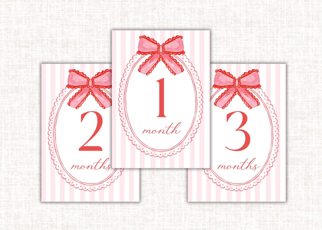 Girl Monthly Milestone Cards | Pink Bow Baby Photo Prop | Printable ...