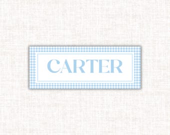 Blue Gingham Name Labels: Water-Resistant Vinyl Stickers for Kids