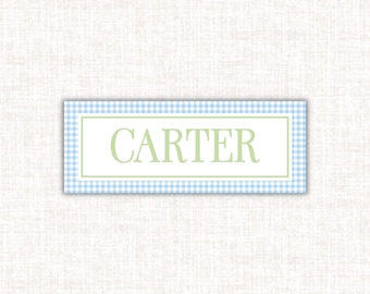 Blue Gingham Name Labels: Water-Resistant Vinyl Stickers for Kids