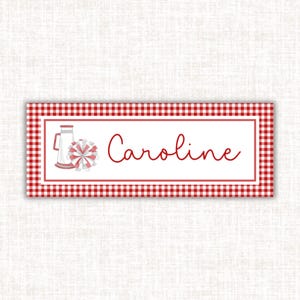 Red Gingham Cheer Name Label | Water-Resistant Vinyl Sticker for Kids, Baby Bottles, School Supplies, Daycare | 1&quot; x 2.625&quot; Vinyl Label