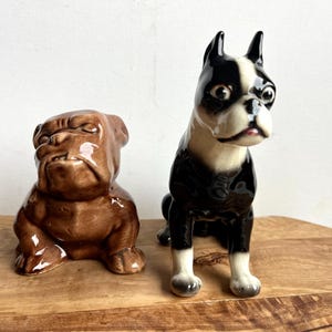May include: Two ceramic dog figurines. One is a brown bulldog in a seated position with a grumpy expression. The other is a black and white Boston Terrier, sitting upright with a focused gaze. Both are on a wooden surface.