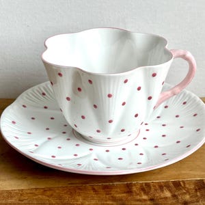 Shelley English Bone China Pink Polka Dot Dainty Flower Shape Tea Cup & Saucer Marked