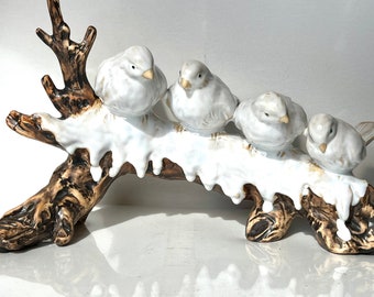 Ceramic Winter Birds on a Snowy Branch Large 13” Decor