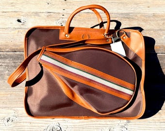 Vintage 1970s Fred Perry x Atlantic Products All-In-One Tennis Bag / Travel Carryall - Brown & Tan With Sport Stripe
