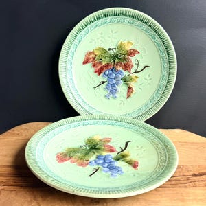 2 Vintage German Majolica Grape Vine Black Forest Germany Art Pottery 8.5" As Is