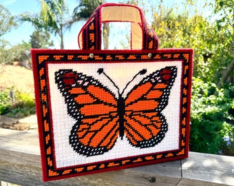 Vintage Retro Monarch Butterfly Double Sided Needlepoint Tote Bag/ Purse | Bright Orange & Black Graphic Fully Lined with Pocket 14” x 11”