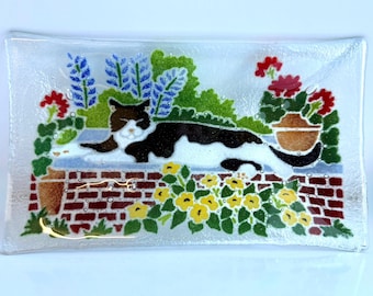 Peggy Karr Fused Art Glass Plate Bowl Cat Garden Wall Flowers SIGNED 10” Rectangle