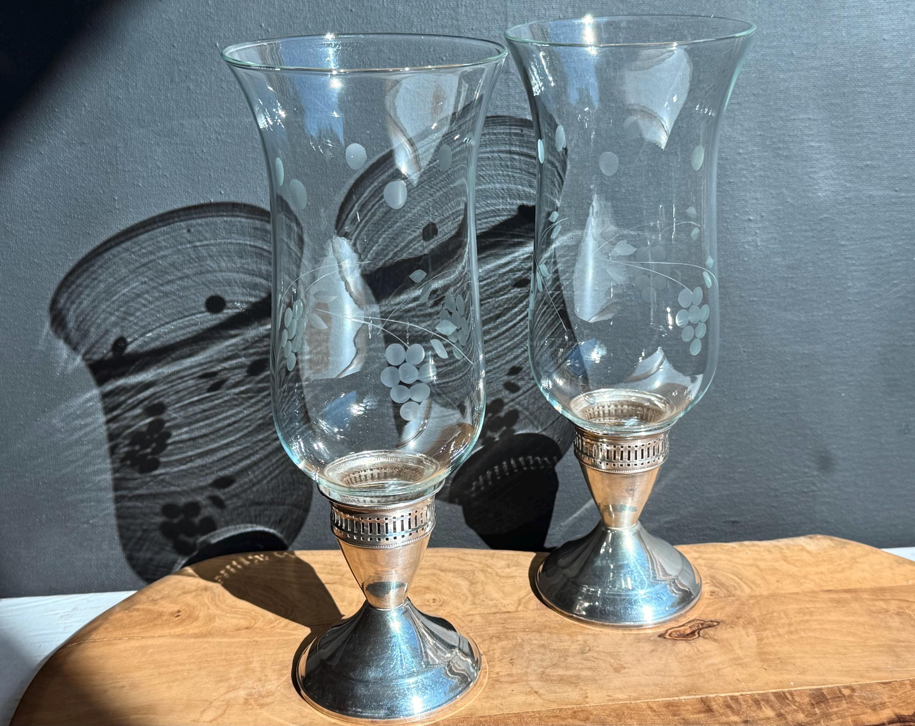 Gorham Sterling Silver Candle Holder Glass Etched Glass Hurricane