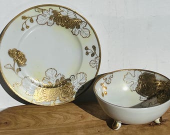 NAGOYA NIPPON style Porcelain Three Footed Bowl and Saucer "Chrysanthemum" Pattern Heavy Gilt Marked Made in Japan
