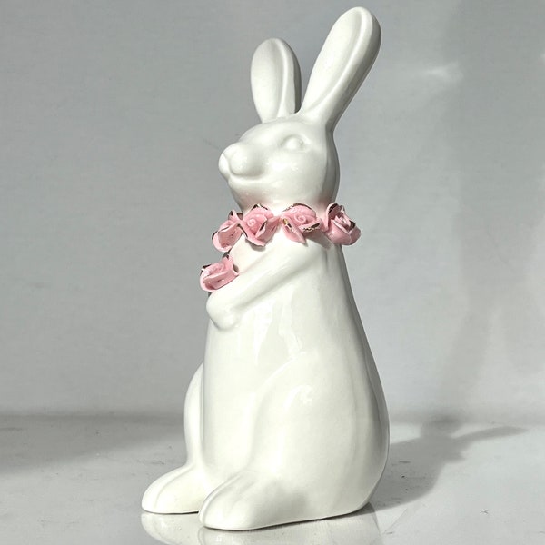 Porcelain Rabbit with Gilded Pink Roses Spring Easter Decor 8"