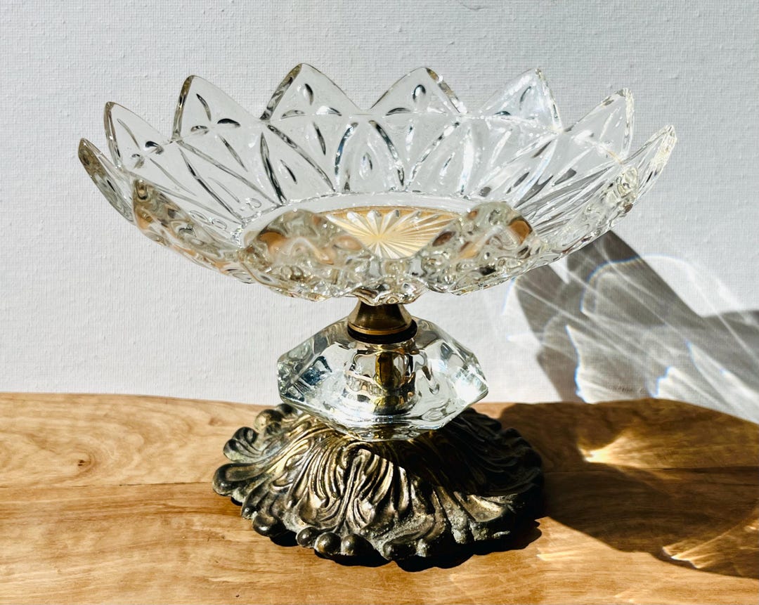 Vintage Pressed Glass Crystal Compote Footed Candy Dish Cast Iron