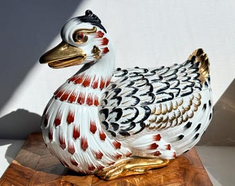 Vintage Mid-Century San Marco Italian Majolica Duck Tureen Imari Palette Rust and Gold Luster Glaze LiddedCasserole Large 12” x 10”