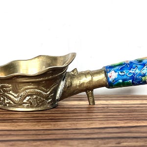 Chinese Silk Brass Dragon Engraved Cup with Cloisonne Handle Coal Iron
