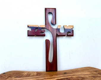 Vintage Wood Jesus Cross Wall Crucifix Hand Carved Name Letters Religious Art Modern Decor