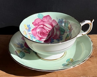 Vintage Paragon Double Warrant Floating Pink Cabbage Rose Light Mint Green Fine Bone China Teacup and Saucer Made In England