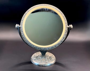 Vintage Hollywood Regency Vanity Double Sided gilt Mirror ornate silver tone with 2 rotating mirror/ magnifier sides