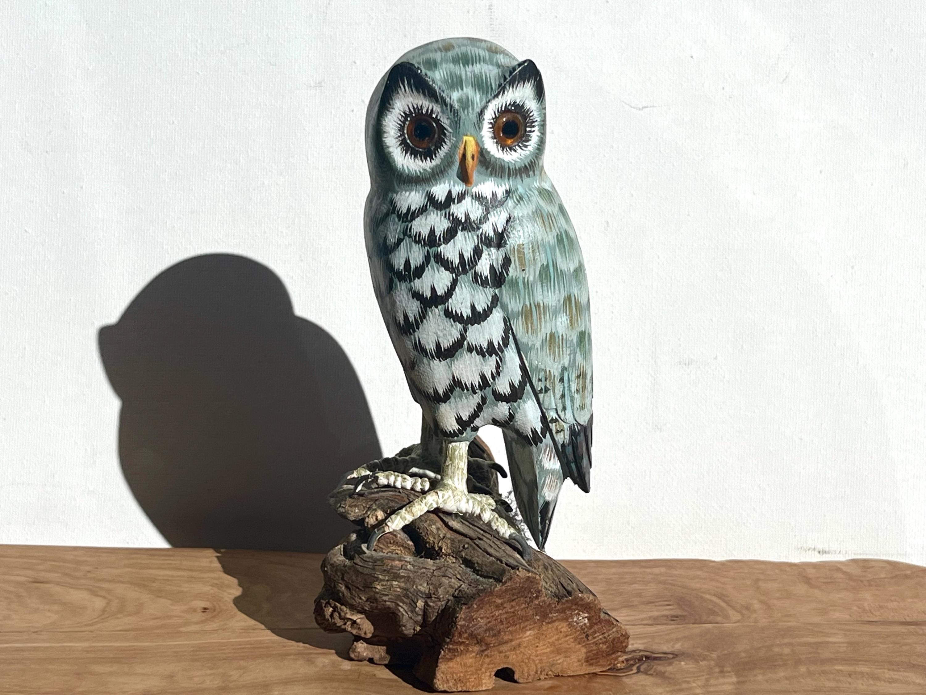 Vtg Owl Hand Carved and Painted Wood Figurine On Log Art attributed to John J Madison Co. 6”