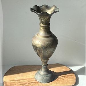 Large 16” Etched Floral Design Brass Vase made in India