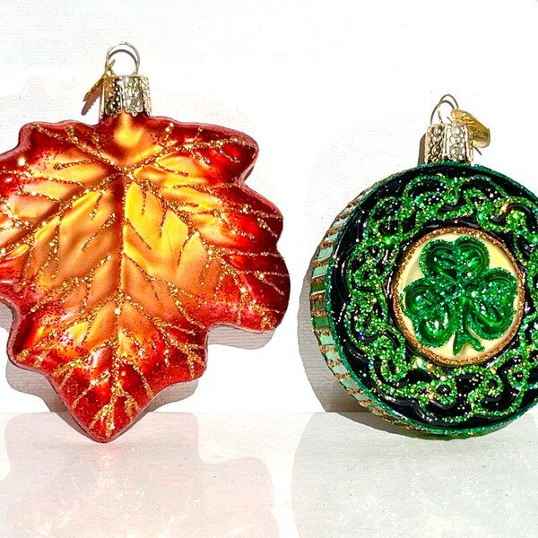 Old World Christmas Red Maple Leaf or Green Shamrock Glass Blown Ornament for Christmas Tree