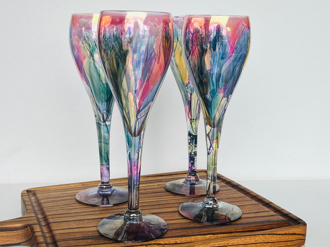 Hand Painted Iridescent Wine Glasses by Nouveau Art Glass, Rainbow Colored Wine Glasses, Wine