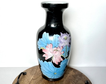 Vase 12.5” Hand Painted Over Glaze Chinoiserie Chinese Lotus Porcelain Rare Blue Leaf