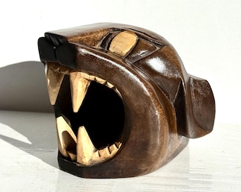 VTG Hand Carved Black Panther Wood Jaguar Cat Head Folk Art Mayan Sculpture Candle Holder