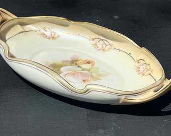 Vintage RS GERMANY Hand Painted Candy or Nut Dish 9" x 4-1/2" Floral Gold Trim