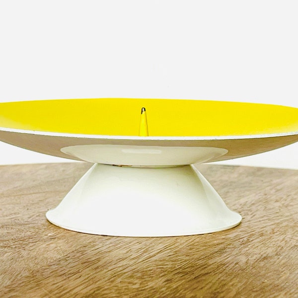 Vintage Mid Century Modern Vivid Yellow and White Enameled Metal Pillar Candle Holder Signed West Germany MCM