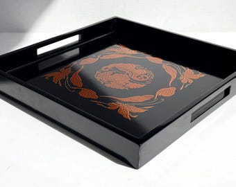 Chinese Fuzhou Style Black Wood Lacquer Serving Tray, Painted Orange Butterfly & Floral Motif, Mid-Century Asian Chinoiserie 12”