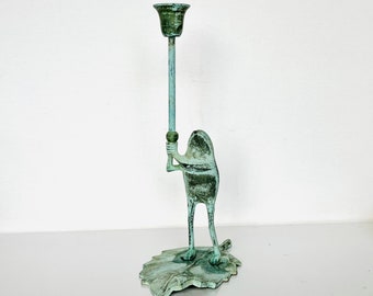 Tall Standing Frog Candlestick Holder on Leaf, 12in Cast Metal in Verde Green, India 1970s