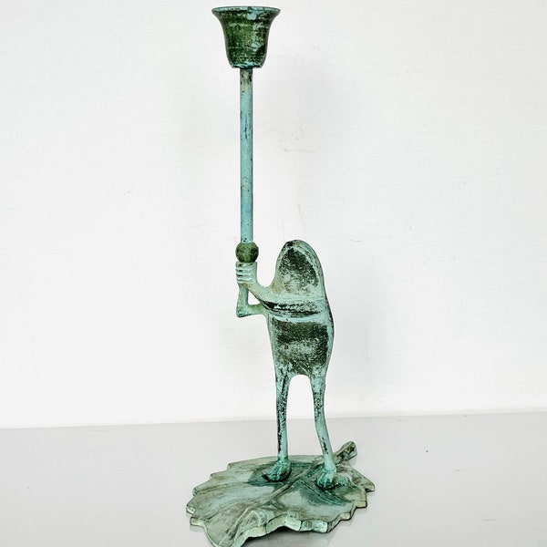 Tall Standing Frog Candlestick Holder on Leaf, 12in Cast Metal in Verde Green, India 1970s