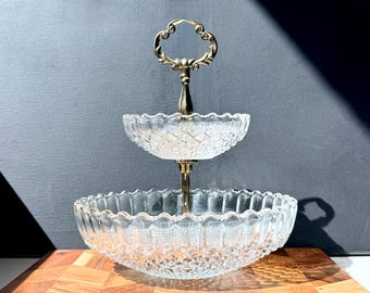 Vintage French Style Glass Two Tier Serving Bowl Dish- Candy Sugar Bon Bons Metal Handled circa 1960's 10” tall x 8.5” wide