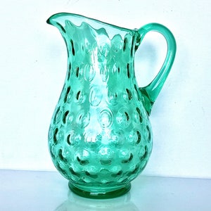 Gorgeous Vintage Green Uranium Glass Pitcher ~ Ovals or Stretched Coin Dots ~ Hand Blown Glass with Applied Handle, Large 10”, Excellent