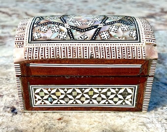 Mother of Pearl Inlay Jewelry Box Dome Lid, Vintage Small Middle Eastern Marquetry Red Lined Trinket Stash Treasure Box, Vanity Dresser Box