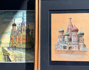 Original Artwork from the Early post-Soviet era (1993) St Basil and Church of the Savior on Spilled Blood framed and matted 15.5” x 12.5”