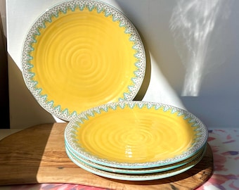 Set of 4 Anthropologie Elka Ayaka Ceramic 10 1/4" Dinner Plates Yellow & Mint