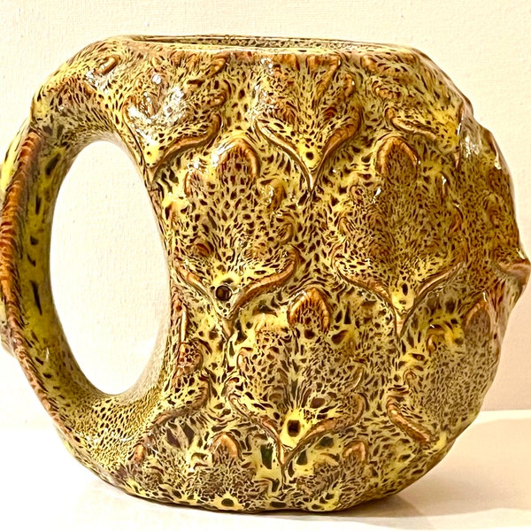 Vintage Rare Bohemian 60s Oval Vase with Handle 6” Wild Brown and Yellow Fat Lava Style Glaze