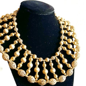 Vintage NAPIER Signed CLEOPATRA 2” Wide Art Deco Bead Filigree Bib Choker Collar Necklace Gold Metal Designer Statement Hollywood Glamour