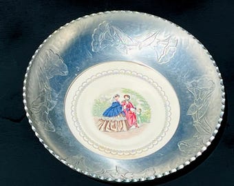 Vintage Wrought Farberware Hammered Floral Aluminum Bowl w/ Inlayed Victorian Plate 10.5”