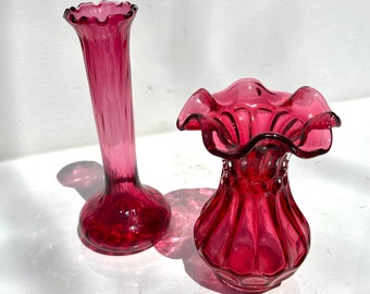 Vintage Fenton Cranberry Glass and Pilgram Tall Fluted Cranberry Glass Vases