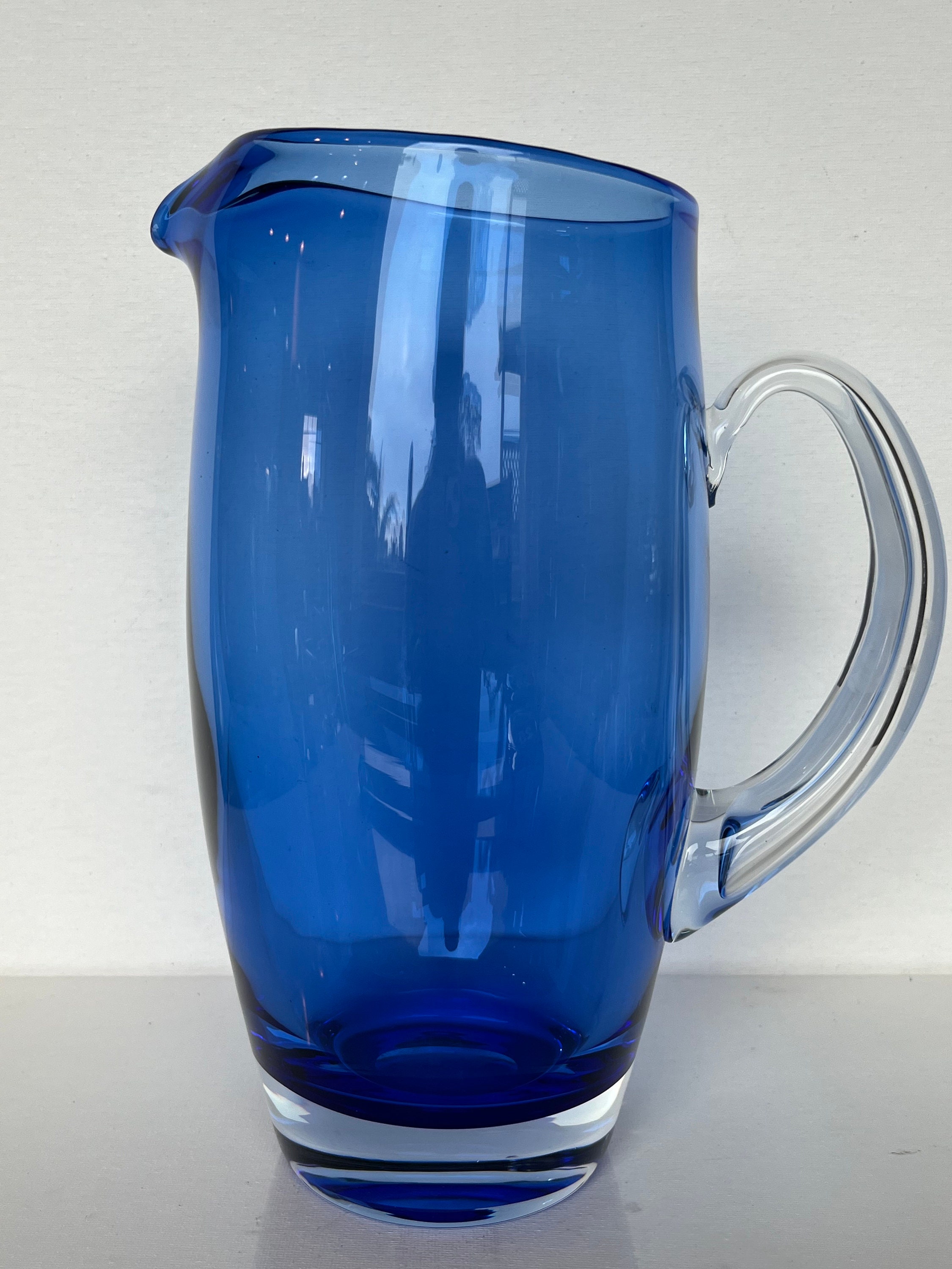 Blenko Style Cobalt Blue Pitcher Clear Handle/ Base. Heavy