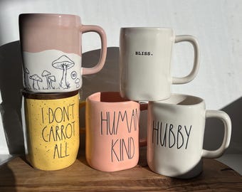 Rae Dunn Assorted Mugs Hubby, Bliss, Human Kind, I Don’t Carrot All with Lid, Bi Color Mushroom Design