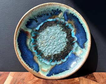 Handmade 7.5" Geode Ceramic Plate – Stoneware with Fused Crackled Glass Center, One-of-a-Kind Art Pottery