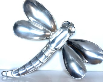 Large Vintage Silver Metal Dragonfly Serving Platter by Mariposa 18”