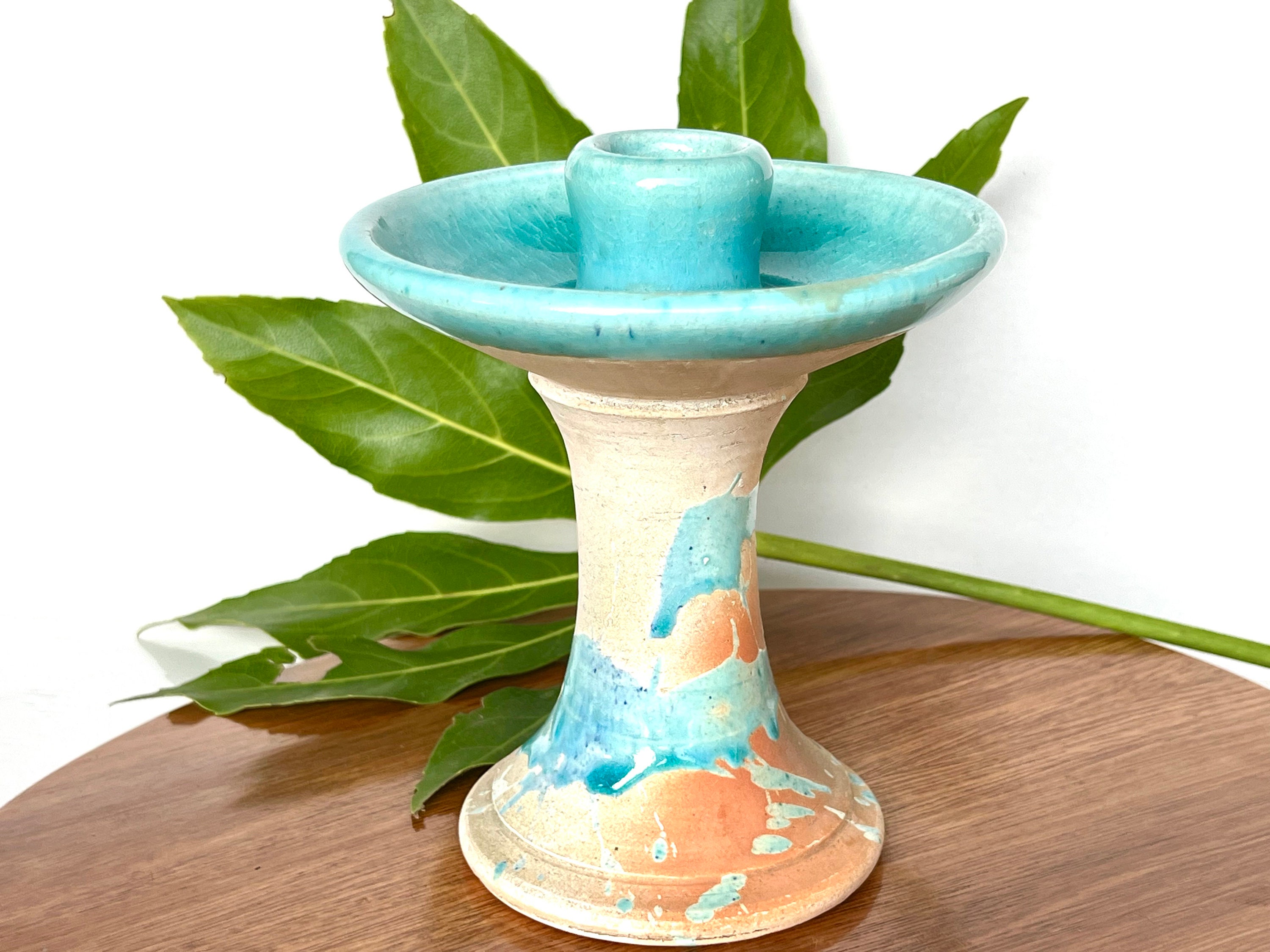 Vintage Raku Studio Pottery Turquoise Crackle Glaze Pedestal Taper Candle Holder 6”